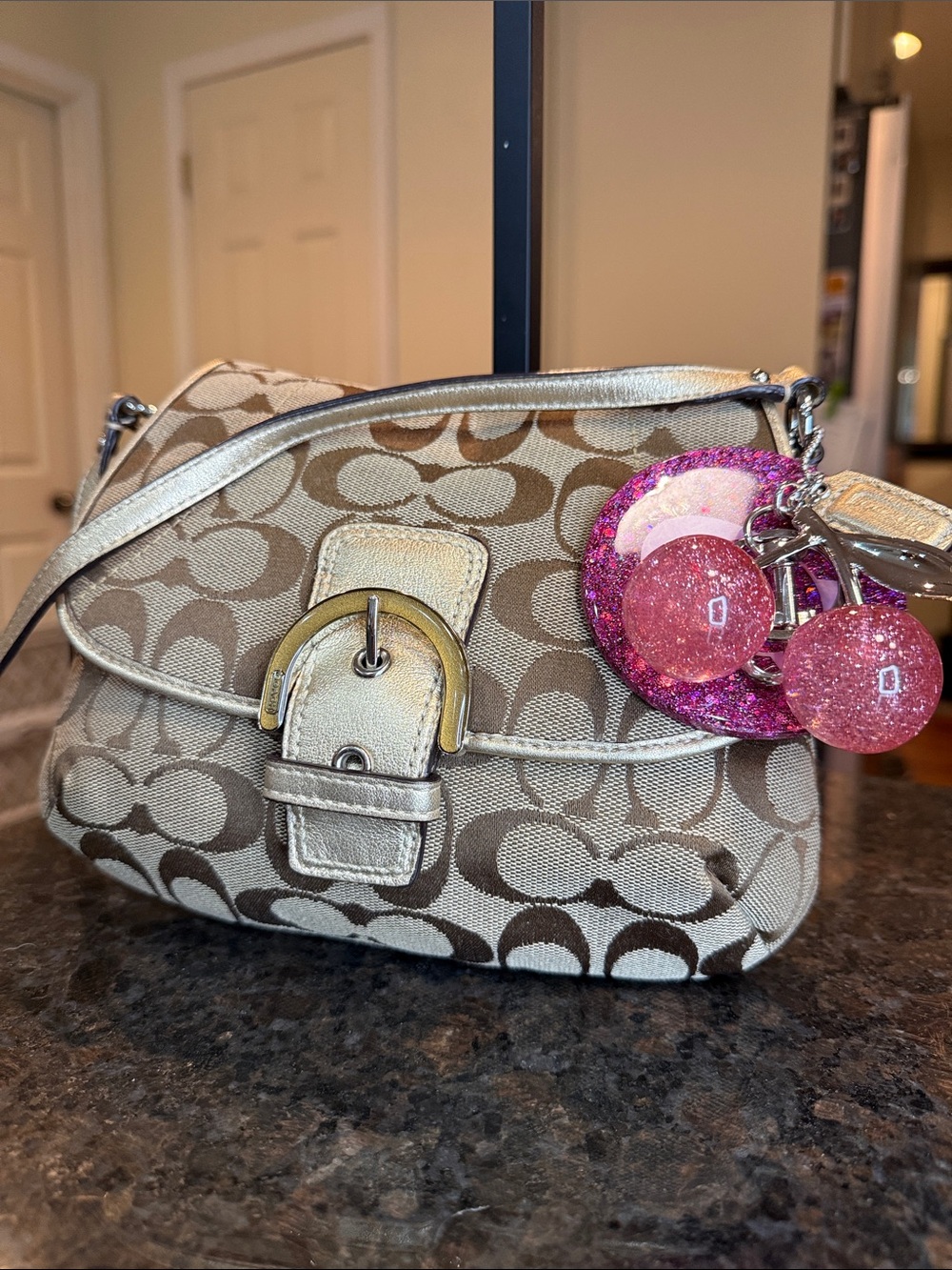 Coach SoHo Flap Signature Canvas Crossbody with Pink Glitter Charm-NWOT